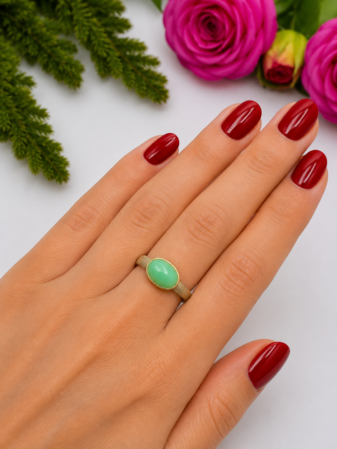Chrysoprase Ring - matted, gold plated